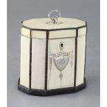 A Regency ten sided inlaid ivory tea caddy, with silver and mother of pearl inset decoration, height