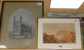 Follower of John Callow (1822-1878), watercolour, Harbour view with figures; and a drawing of King's