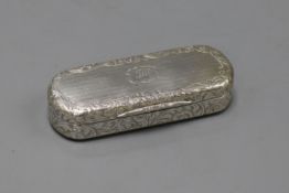 A Victorian engraved silver oval snuff box with silver gilt interior by Nathaniel Mills, Birmingham,
