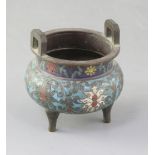 A Chinese cloisonne enamel miniature tripod censer, ding, 19th century, decorated with lotus flowers