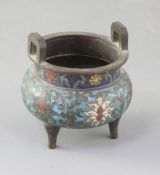 A Chinese cloisonne enamel miniature tripod censer, ding, 19th century, decorated with lotus flowers