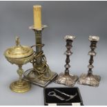 A pair of plated candlesticks, another boxed corkscrew and brass lidded centrepiece