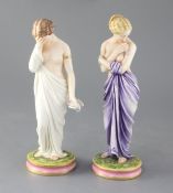 A pair of Royal Worcester Kerr & Binns figures of 'Sorrow' and 'Joy', lilac and white colourways,
