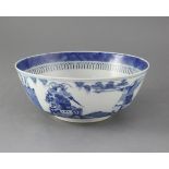 A Chinese blue and white bowl, 19th century, the exterior painted with warriors on horseback, Kangxi