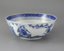 A Chinese blue and white bowl, 19th century, the exterior painted with warriors on horseback, Kangxi