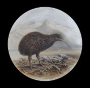 A pair New Zealand related painted opaque glass plaques each decorated with a Kiwi, 11.5in.