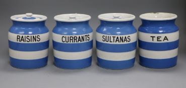 Four T. G. Green and Co storage jars: Sultanas, Currants, Raisins and Tea, height 14.5cm (three with