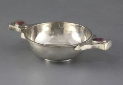 A George V silver quaich with Blue John cabochon set lug handles, by Barker Bros, Birmingham,