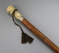 An ivory pique work walking cane, with silver mounted dated 1697 length 85.5cm