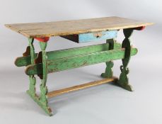 An early 18th century, possibly Scandinavian, painted pinewood table, with rectangular triple