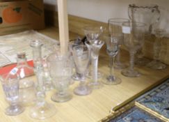 A collection of 19th and 20th century glasses, a lace lamp, candlesticks and celery vase tallest