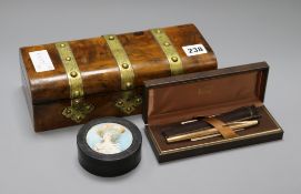 A brass bound box, snuff box and pen