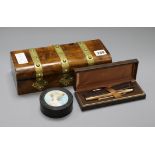 A brass bound box, snuff box and pen
