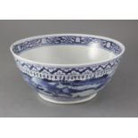 A Chinese blue and white bowl, 19th century, painted with sages and other figures in river