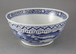 A Chinese blue and white bowl, 19th century, painted with sages and other figures in river