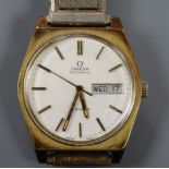 A gentleman's steel and gold plated Omega day/date automatic wrist watch.