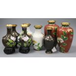 Four pairs of 20th century Japanese cloisonne enamel vases, all of baluster form, comprising a black