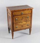 A late 18th century North Italian walnut and pictorial marquetry petit commode, decorated with a