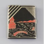 A French Art Deco silver and two colour enamel cigarette case, decorated with riverscape scene,