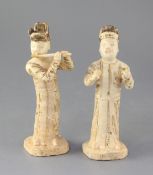 Two rare Chinese Qingbai standing figures of musicians, Song dynasty (11th/12th century), the