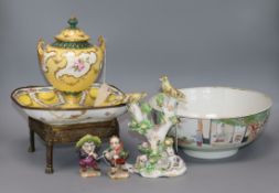 A Royal Crown Derby yellow ground vase and cover and five other items, the vase painted with