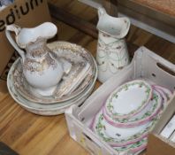 A Staffordshire Victorian gilt and white four piece toilet set, another washstand set & a quantity