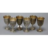 A set of six Persian (875) white metal engraved goblets, Isfahan mark, 11.1cm.