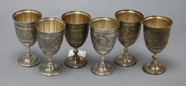 A set of six Persian (875) white metal engraved goblets, Isfahan mark, 11.1cm.