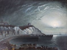 After Sebastian Dether, oil on board, moonlit coastal scene, 22 x 30cm