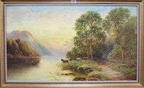 H. Harris, oil on canvas, cattle beside a loch, signed, 52 x 90cm
