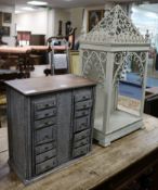 A French Trampwork painted stand and a French grey cabinet W.46cm