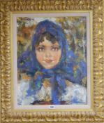 Modern Russian School, portrait of a young girl wearing a headscarf, signed 'Igor Golanin' (or '