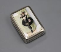 A late Victorian silver and enamel vesta case, decorated with a dancing lady, George Heath,