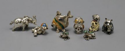 Eight modern small silver animals/fish etc. including seven with enamelled decoration.