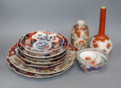 A quantity of Imari ceramics and a Kutani vase largest diameter 31.5cm