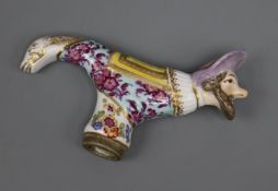 A Continental, possibly Meissen, porcelain walking cane handle, decorated with floral sprays, the