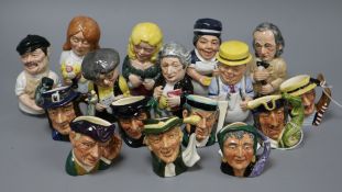 A collection of eight Royal Doulton miniature character jugs and eight candle snuffers, the jugs