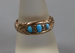 A yellow metal, turquoise and rose cut diamond set dress ring, size Q.