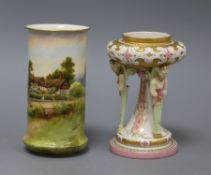 A Royal Worcester 'Anne Hathawys' vase, signed W.Long and a Worcester satyr vase, dated 1867 tallest