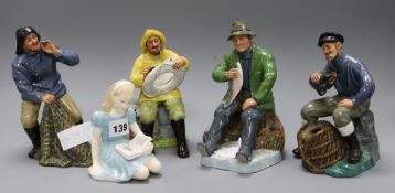 Four Royal Doulton figures of fisherman and a Royal Doulton figure of Alice tallest 7.5cm