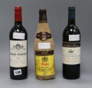 One Chateau La Couronne, 1994, a bottle of Rioja Siglo 1992 and a bottle of Saint Emilion Private