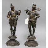 A pair of late 19th century Spelter figures of knights tallest 39cm