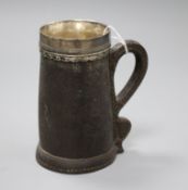 A Victorian silver and leather-covered 'black jack' tankard, London 1849, maker probably Robert