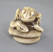 A Japanese ivory netsuke of the 'sansukumi' (snake, frog and snail), 19th century, signed,