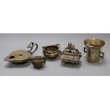 A bronze mortar, weights, a lamp and two censers tallest 11cm