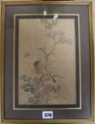 Chinese School, pair of watercolours on silk, birds and flowers, 26 x 17cm and a pair of roundels