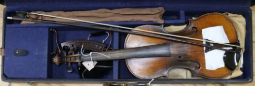 A French violin with one-piece back, cased with bow, bearing label to interior 'Nicolaus Gagliano