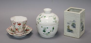 A Chinese tea bowl and saucer, brush pot and a lidded jar tallest 12cm