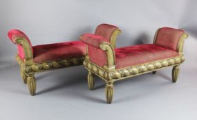 A pair of 17th century style Continental walnut window seats, with cut velvet upholstery and foliate