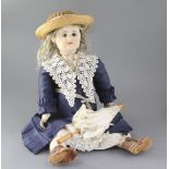 A Rabery et Delphieu bisque headed doll, marked 'R 2 D', with pale blue fixed eyes, closed mouth and
